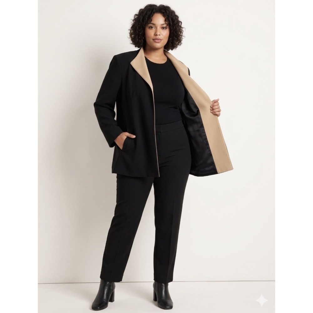 Elana By Tanner 100% Wool Lined Open Front Black/Tan Blazer. Size 18.